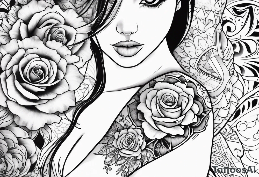 Quero uma manga com um relógio  de bolso, 3 rosas, as patas  de um cão  e tudo com um fundo em tribal tattoo idea