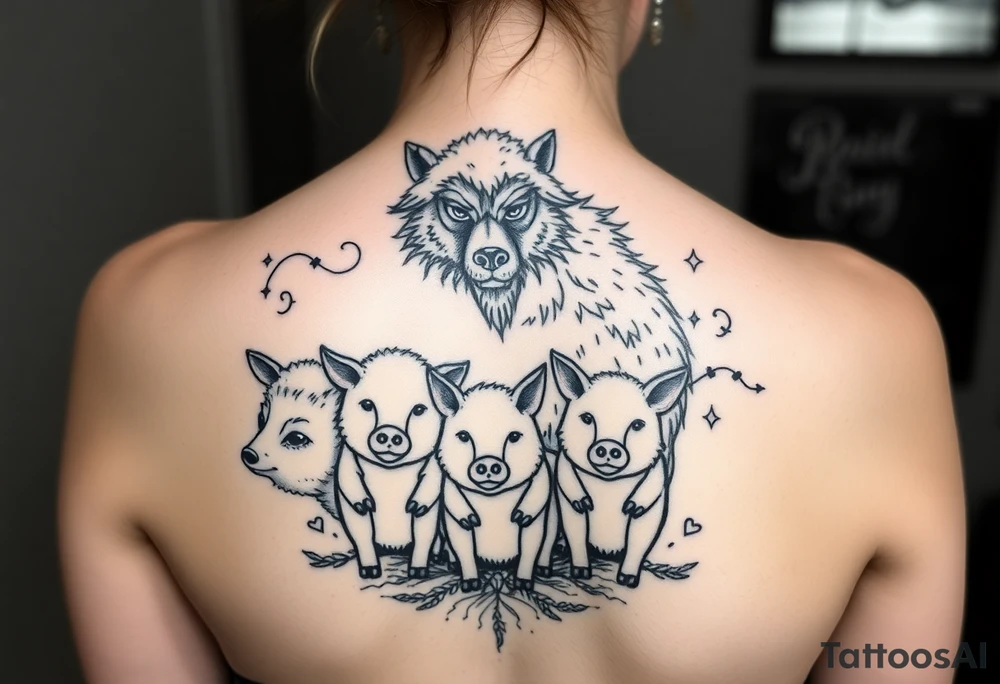 nursery rhyme big bad wolf wearing a costume of a sheep to eat the pigs
Farm and three little pigs tattoo idea