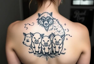 nursery rhyme big bad wolf wearing a costume of a  sheep to eat the pigs
Farm and three little pigs tattoo idea