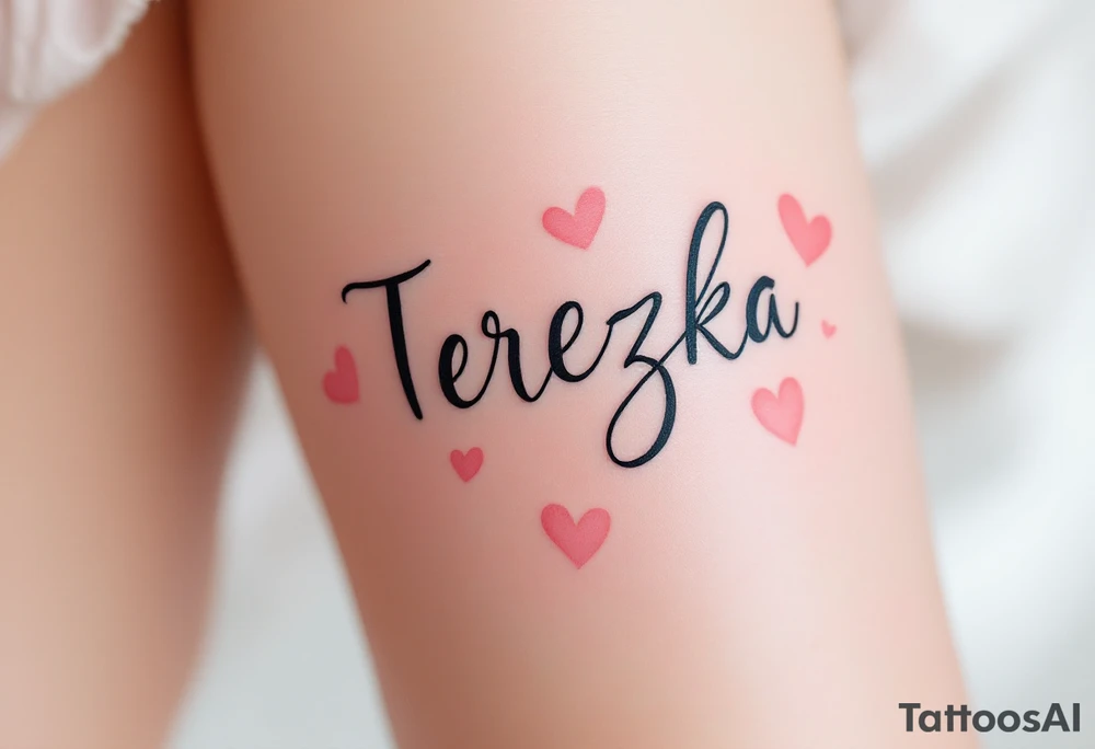 The name Terezka written in elegant script, surrounded by soft pink watercolor hearts. tattoo idea