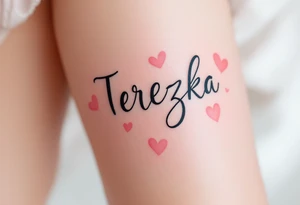 The name Terezka written in elegant script, surrounded by soft pink watercolor hearts. tattoo idea