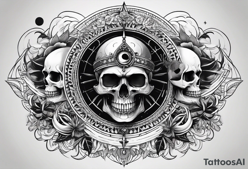 Simple Skull with third eye and dagger through it with the phases of the moon at the bottom endless spiral tattoo idea
