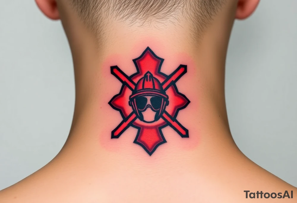 A bold red and black Maltese cross with a firefighter’s helmet in the center, representing bravery and duty tattoo idea