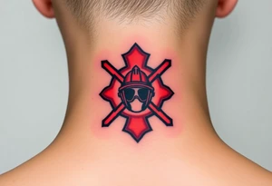 A bold red and black Maltese cross with a firefighter’s helmet in the center, representing bravery and duty tattoo idea