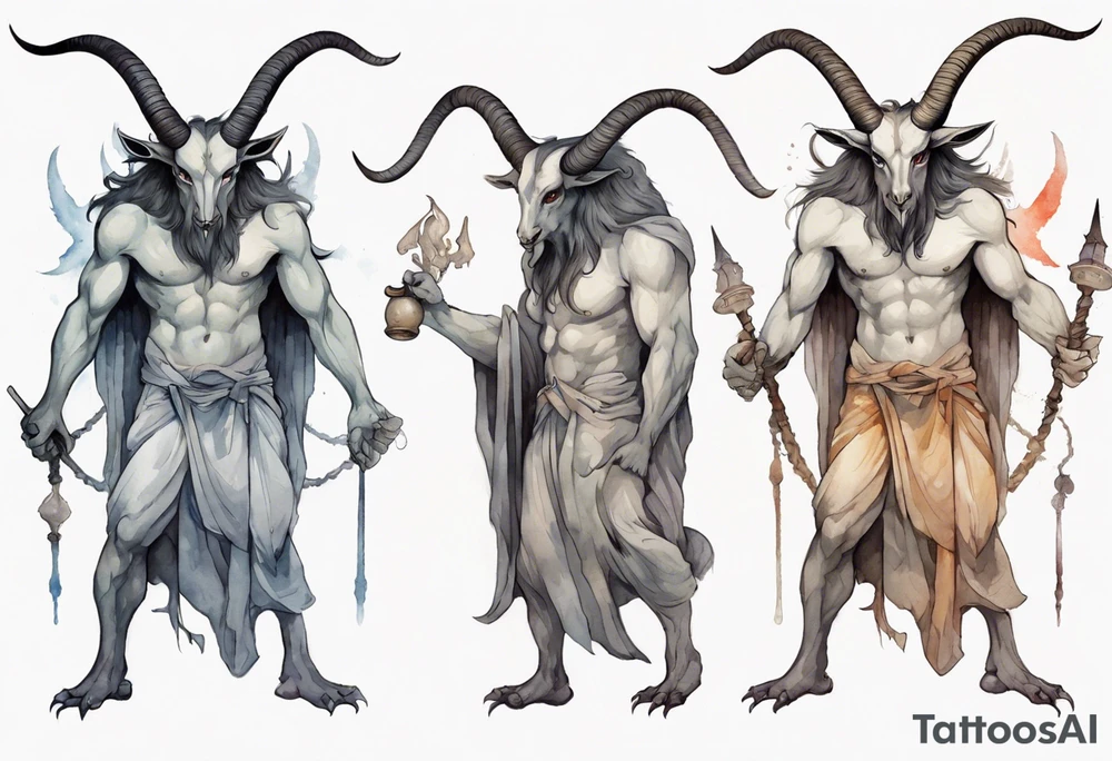 a broad-shouldered Baphomet wearing a grey tunic standing before a cave tattoo idea