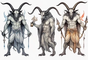 a broad-shouldered Baphomet wearing a grey tunic standing before a cave tattoo idea