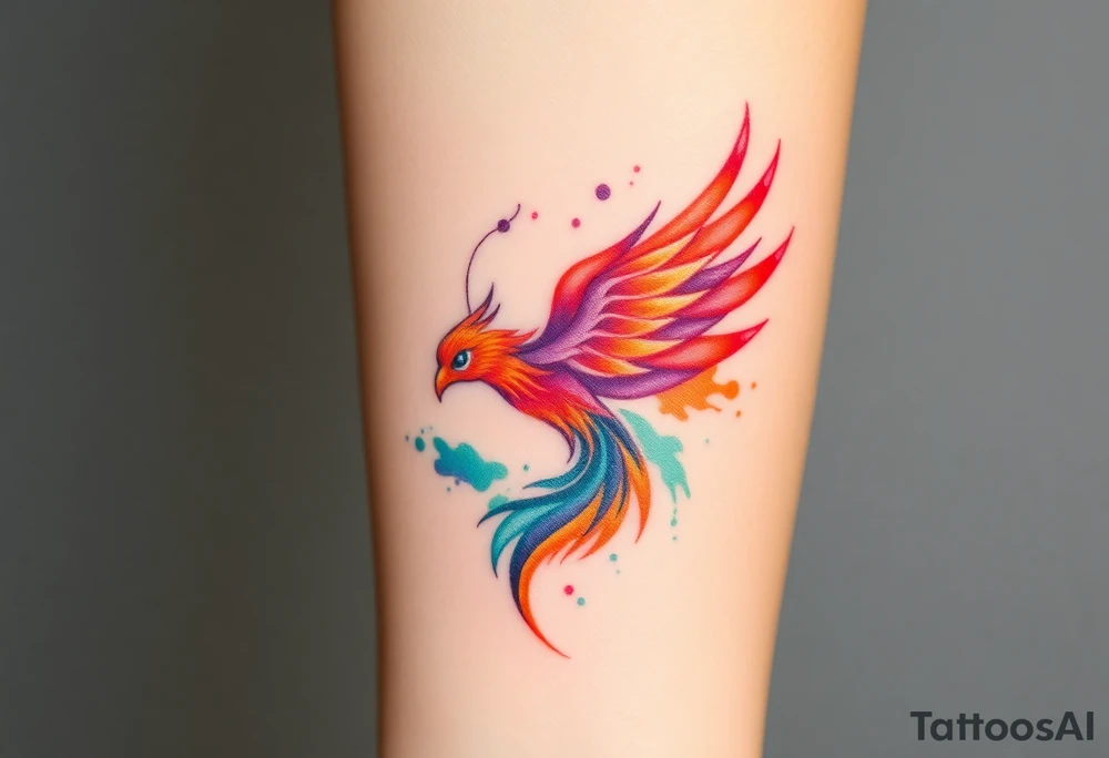 Phoenix with blazing flames with purple, orange, teal and green splashes tattoo idea