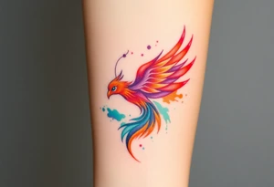 Phoenix with blazing flames with purple, orange, teal and green splashes tattoo idea