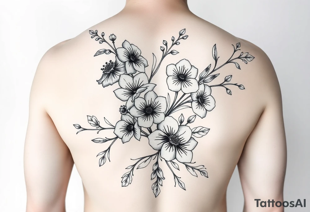 Full sleeve tattoo design of larkspur and hawthorn flowers, highly detailed line art, black ink, elegant botanical style, intertwined composition, no shading, no human mock-up, clean stencil style suitable for tattooing, fit fully within boundaries. LINE ART ONLY, REMOVE HUMAN, NO SKIN tattoo idea