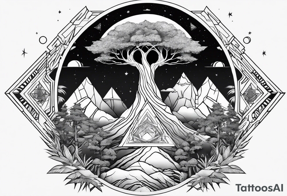 jungle vs space with yggdrassil in triangle tattoo idea