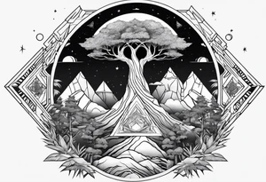 jungle vs space with yggdrassil in triangle tattoo idea