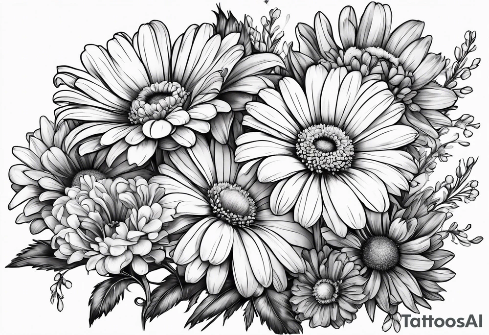 bouquet of daisy, aster, and carnations with stems tattoo idea bouquet of daisy, aster, and carnations with stems tattoo idea