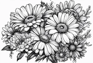 bouquet of daisy, aster, and carnations with stems tattoo idea