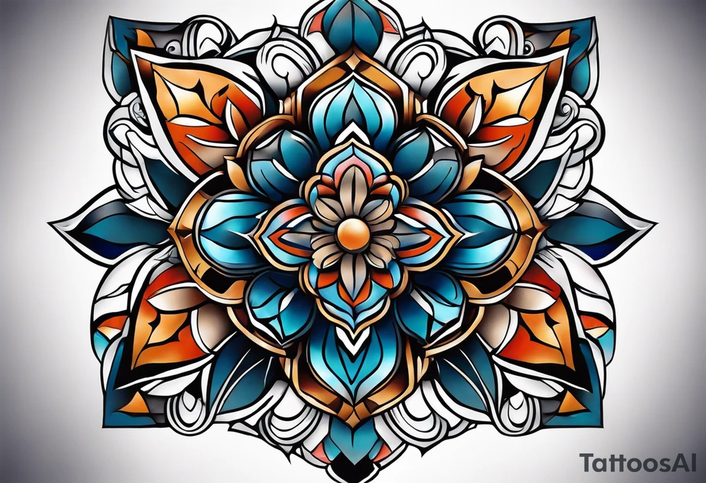 semi Detailed neo traditional knee tattoo flat on paper. The tattoo features geometric patterns and bold lines, creating a visually striking design with slight tints of deep fall colors. outside the tattoo features deep blues washes and water swirls in fall elements and colors tattoo idea