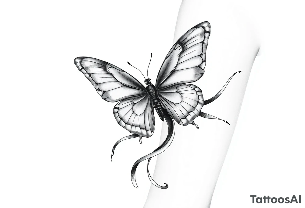 ethereal butterfly with flowing silk ribbons in moonlight tattoo idea