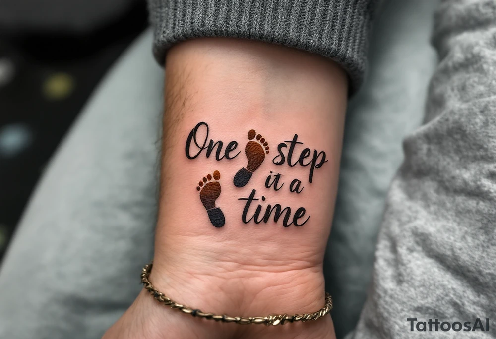 “One step at a time” in warm brown handwritten font with footprint silhouettes fading in earthy tones. tattoo idea