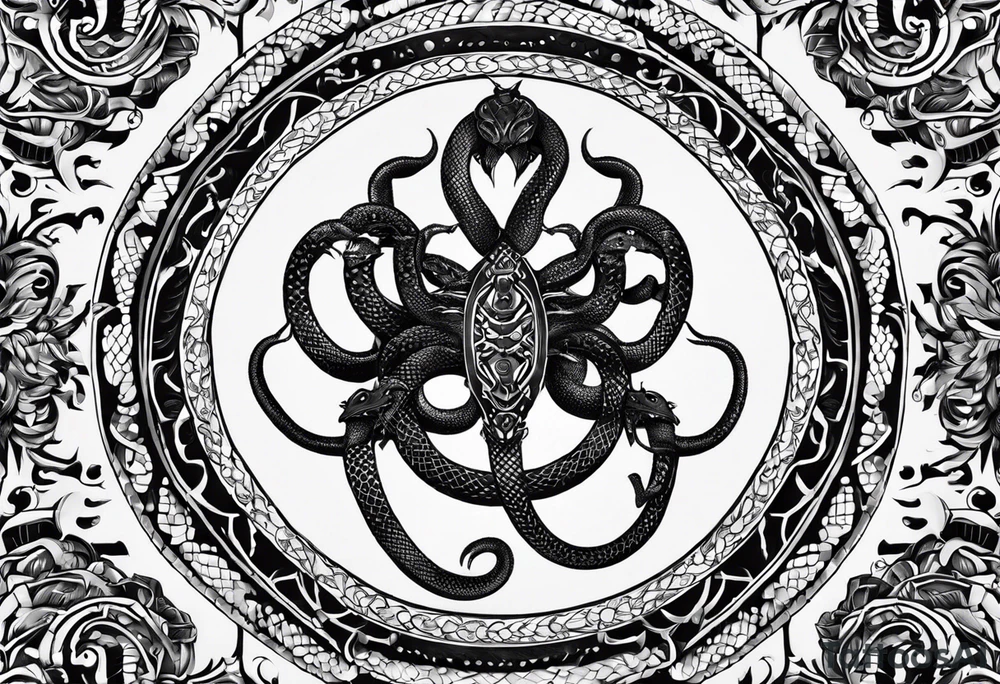 A shield adorned with coiled snakes and scorpions underneath. Bold outlines for the shield and creatures, with detailed patterns. Delicately depict the scales of snakes and the segmented bodies of scorpions. Integrate the creatures harmoniously with the overall design. tattoo idea