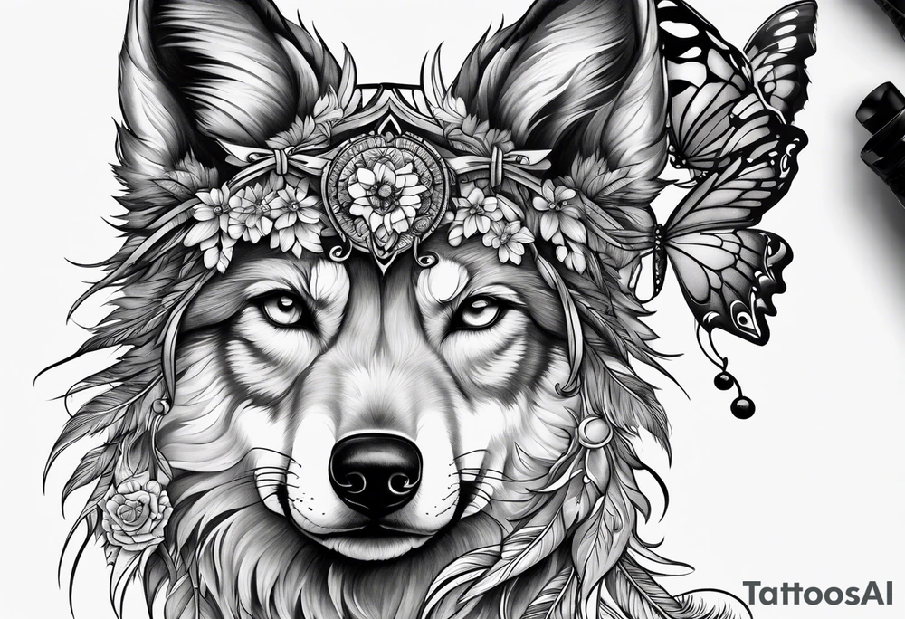 Wolf puppy, peacock feather, butterfly,, hummingbird tattoo idea