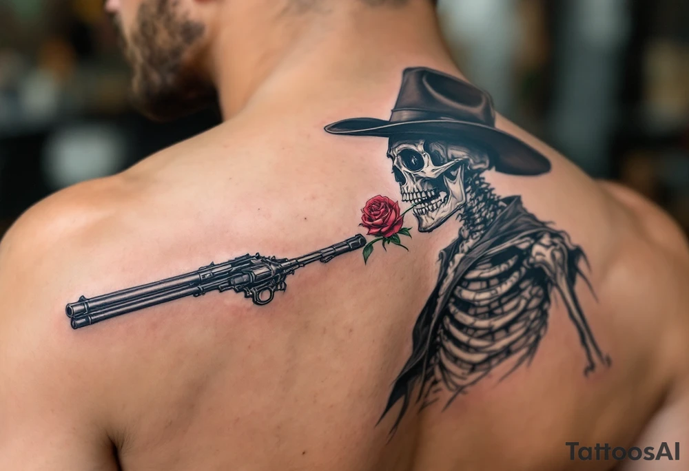 a full body skeleton cowboy gunslinger with a rose in his mouth. tattoo idea