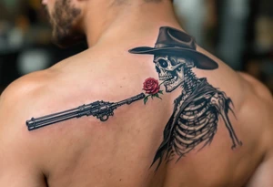 a full body skeleton cowboy gunslinger with a rose in his mouth. tattoo idea