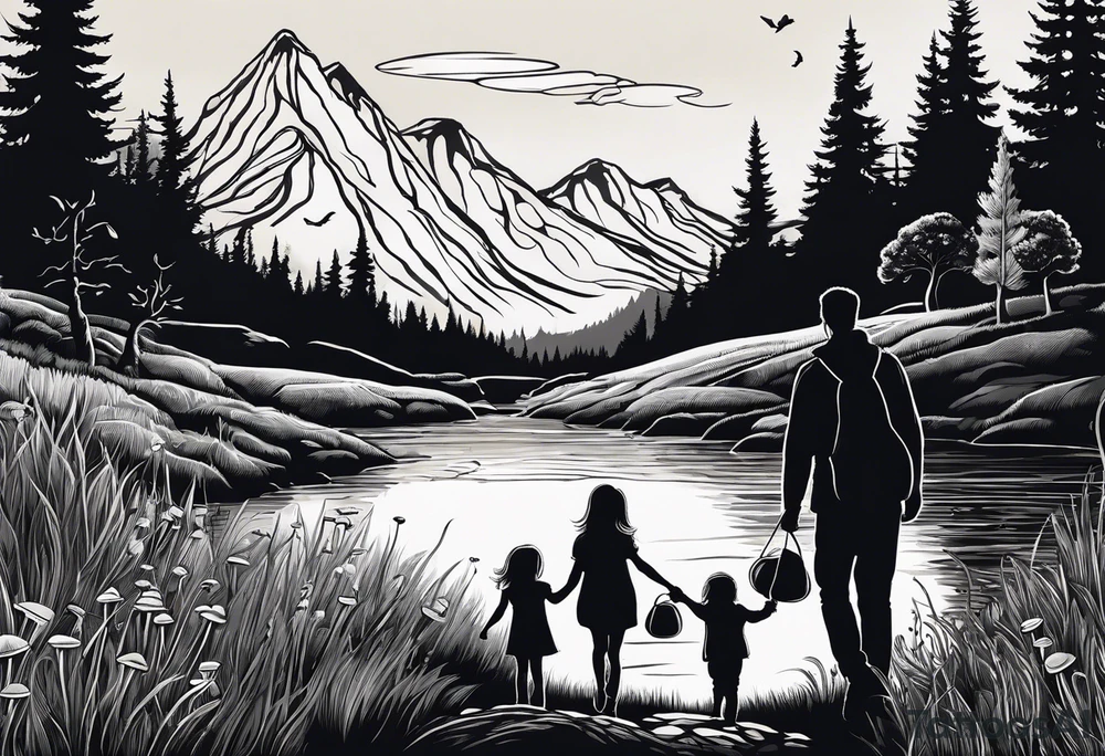 Family silhouette of a father, a mother with long straight blonde hair, oldest son, middle daughter, and small daughter foraging mushrooms with mountains and creek in background tattoo idea