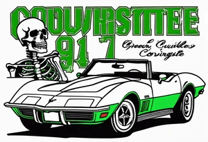 Skeleton smoking a cigarette driving a green 1976 convertible Corvette tattoo idea