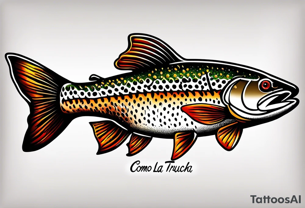 A small tattoo with a shaded trout and text that says, 'Como la trucha...' drawn with fine lines." tattoo idea