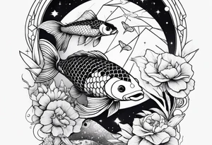 geometric half sleeve tatoo, space, nature, koi tattoo idea