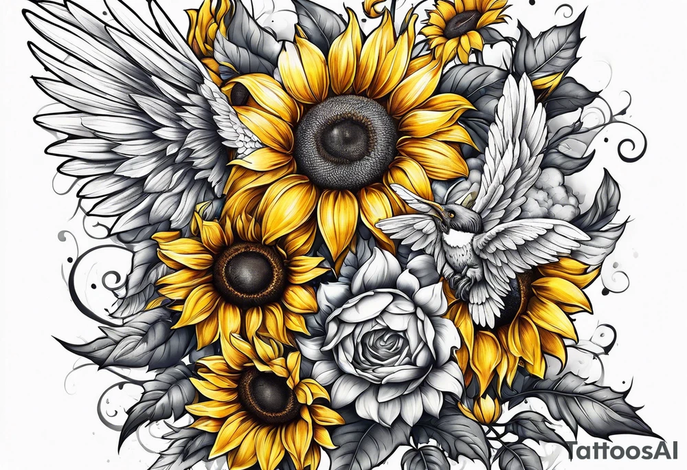 Sunflowers and angel wings leg sleeve tattoo idea