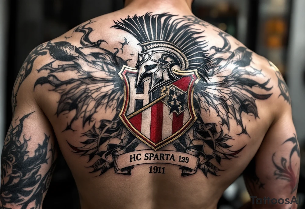 A full back tattoo of HC Sparta’s historic victories with dates, crests, and a red-and-silver color scheme. tattoo idea