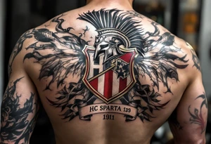 A full back tattoo of HC Sparta’s historic victories with dates, crests, and a red-and-silver color scheme. tattoo idea