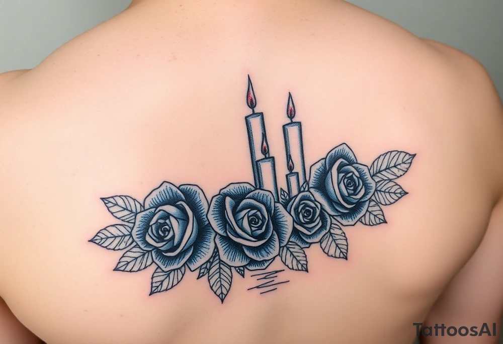 Blue roses and candles, water, name tattoo idea