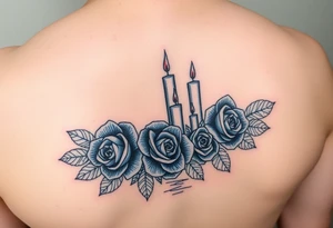 Blue roses and candles, water, name tattoo idea