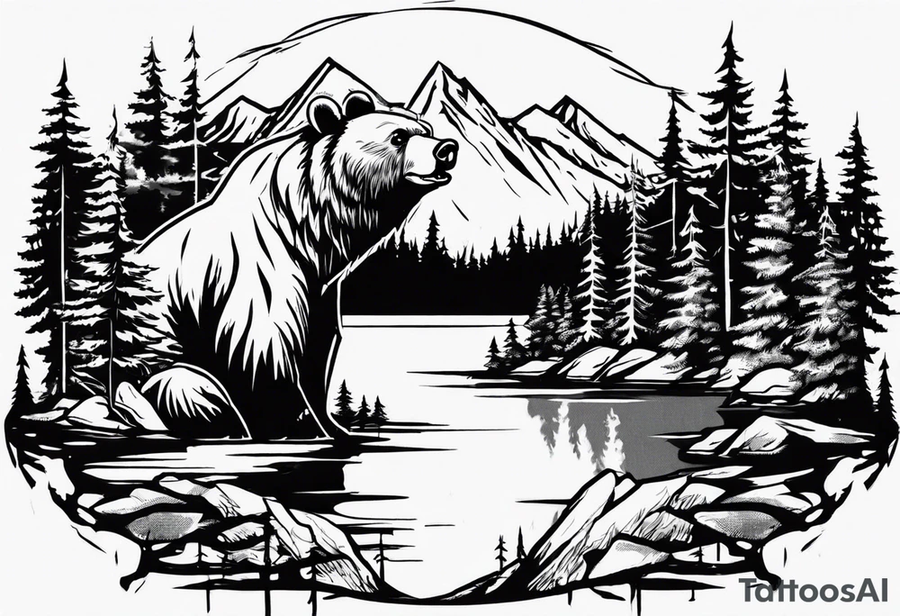 bear head right above the forest line with a lake below tattoo idea