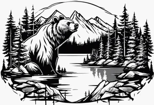 bear head right above the forest line with a lake below tattoo idea