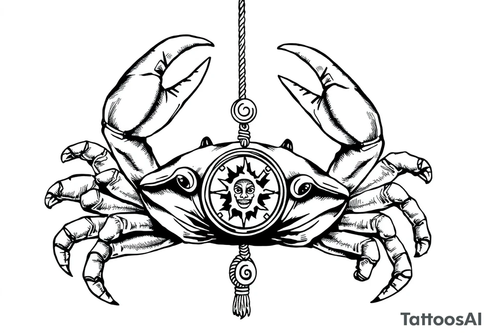 An angry crab with its claws raised with a zodiac symbol hanging on a rope attached to its claw tattoo idea