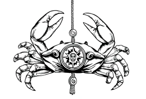 An angry crab with its claws raised with a zodiac symbol hanging on a rope attached to its claw tattoo idea