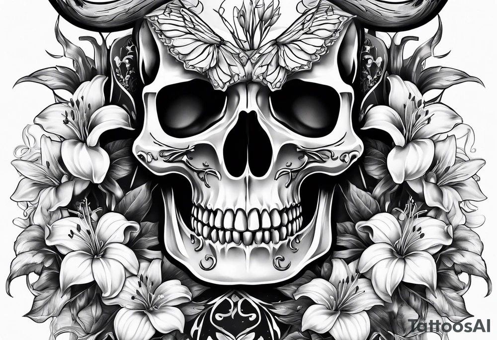 A Bulls skeleton head with lily if the valley flowers growing out of eyes tattoo idea