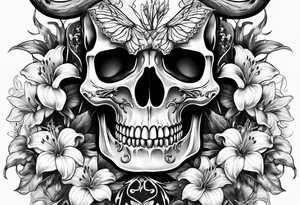 A Bulls skeleton head with lily if the valley flowers growing out of eyes tattoo idea