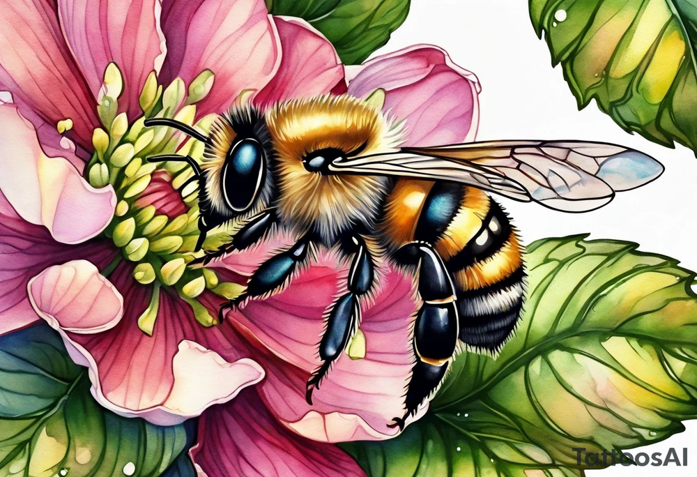 Small tattoo. There’s a hydrangea and a bee but they are not touching. The bee is small and off to the side. tattoo idea