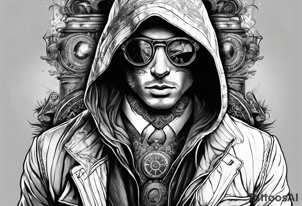Time traveller man with time traveller visiting present from future hoodie covered face tattoo idea