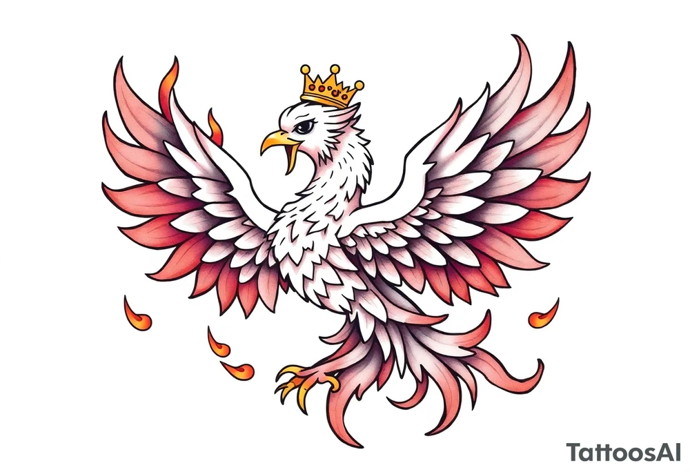 cute powerful majestic Phoenix with crown, surrounded by flames tattoo idea