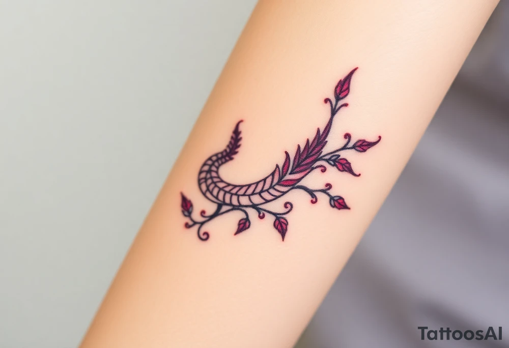 A bracelet wrapped around the arm dragon with purple and red tones, feathers and vines tattoo idea
