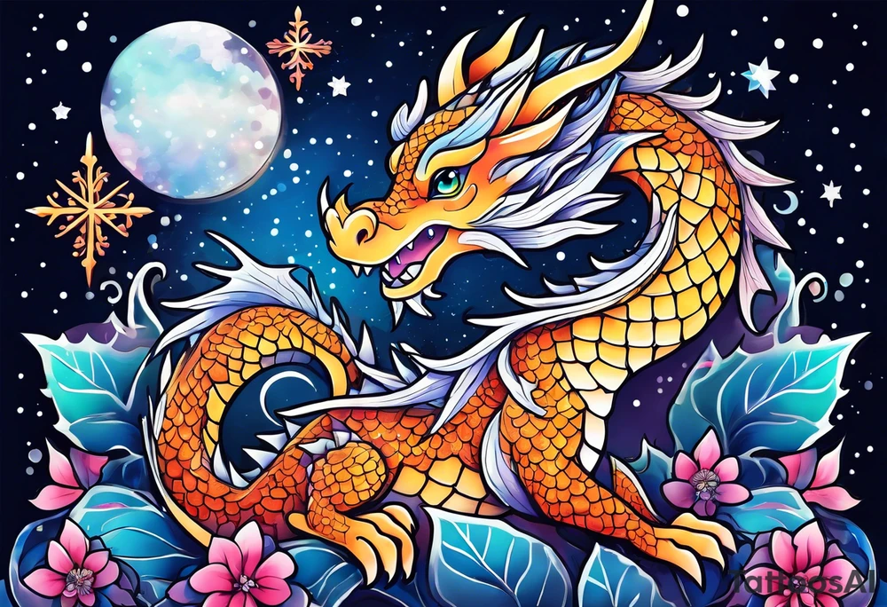 Constellation, kawaii dragon, snowflake tattoo idea