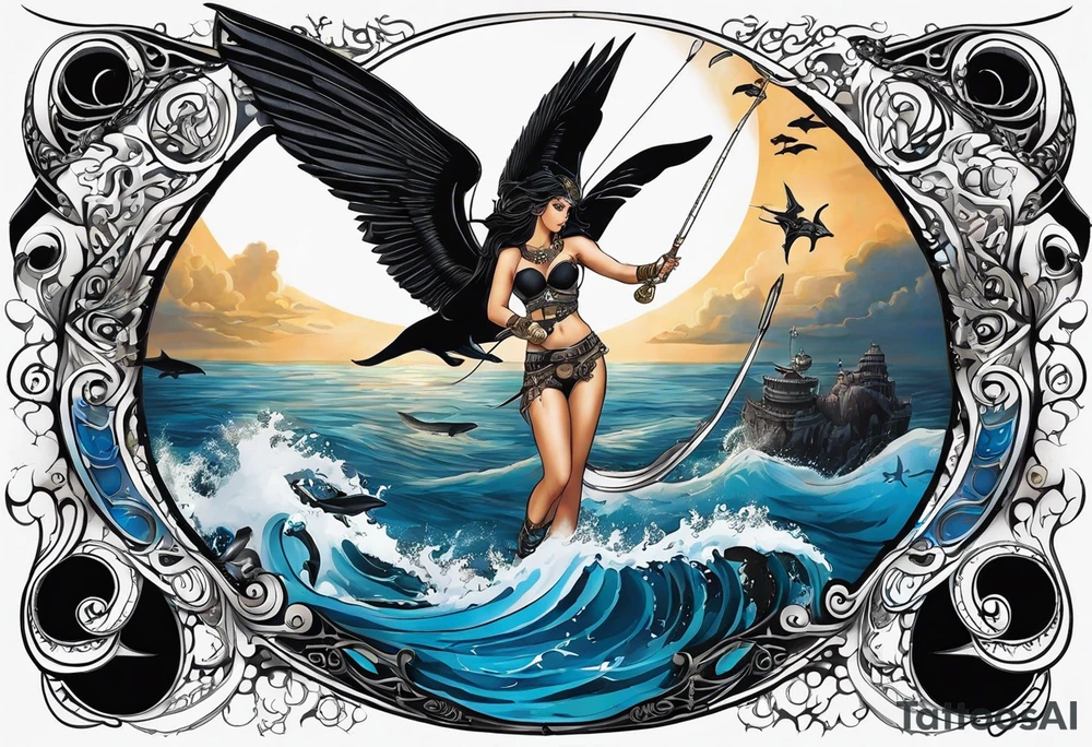 Create a tattoo with a sexy, beautiful, and warrior Goddess Nyx, the goddess of night, who Zeus fears.  She has one white wing and one black wing, like an angel, representing both love and death, and is surrounded by the ocean with sharks, orcas, whale sharks, and octopus.  Within this tattoo is a helicopter such as the MH-60M DAP, a Nightstalkers helicopter outfitted with weapons, doing a combat tactical mission. tattoo idea