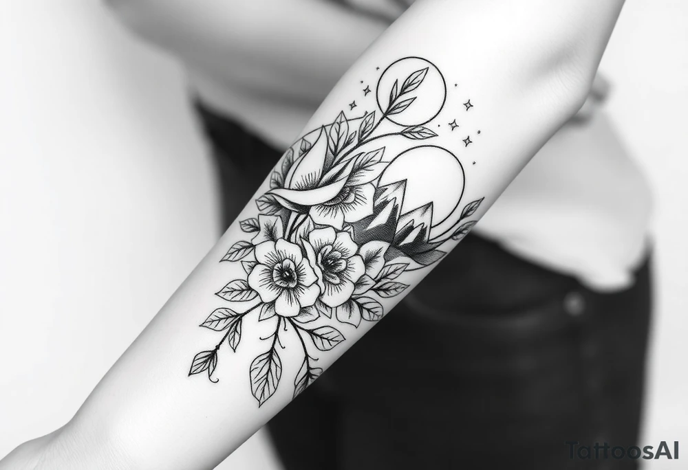 Roses wild flower vine with moon and stars mountains wrap around arm tattoo idea