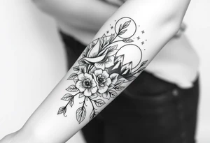 Roses wild flower vine with moon and stars mountains wrap around arm tattoo idea