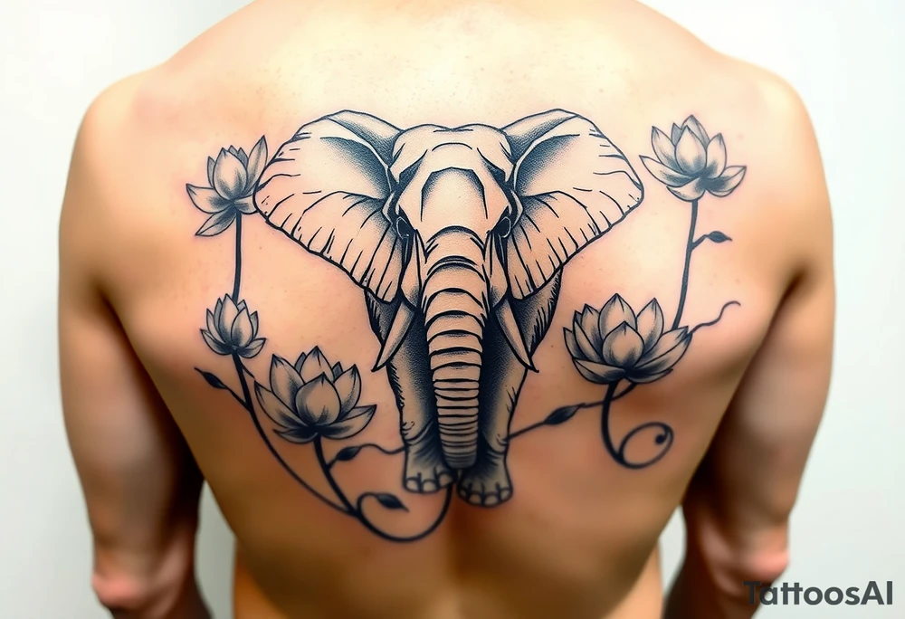 fierce elephant emerging through blooming lotus flowers in mist tattoo idea