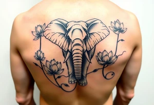 fierce elephant emerging through blooming lotus flowers in mist tattoo idea