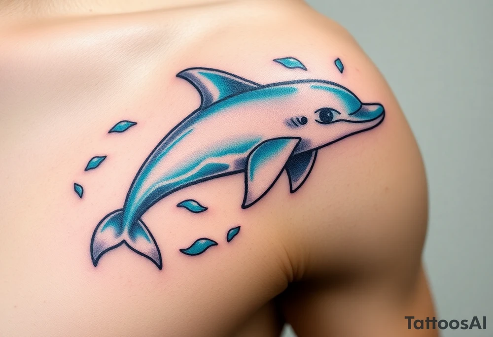 A majestic dolphin swimming through ocean waves, with intricate light-blue and turquoise details tattoo idea
